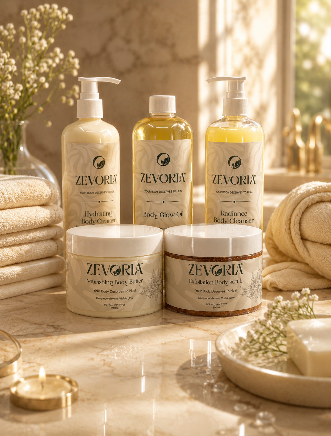 Luxury spa-inspired body care scene with soft towels, glowing skin, premium skincare products, and warm natural sunlight on a beige marble surface.