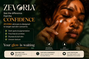 Zevoria skincare targets dark spots, pigmentation, fine lines, dryness and uneven texture with botanical ingredients